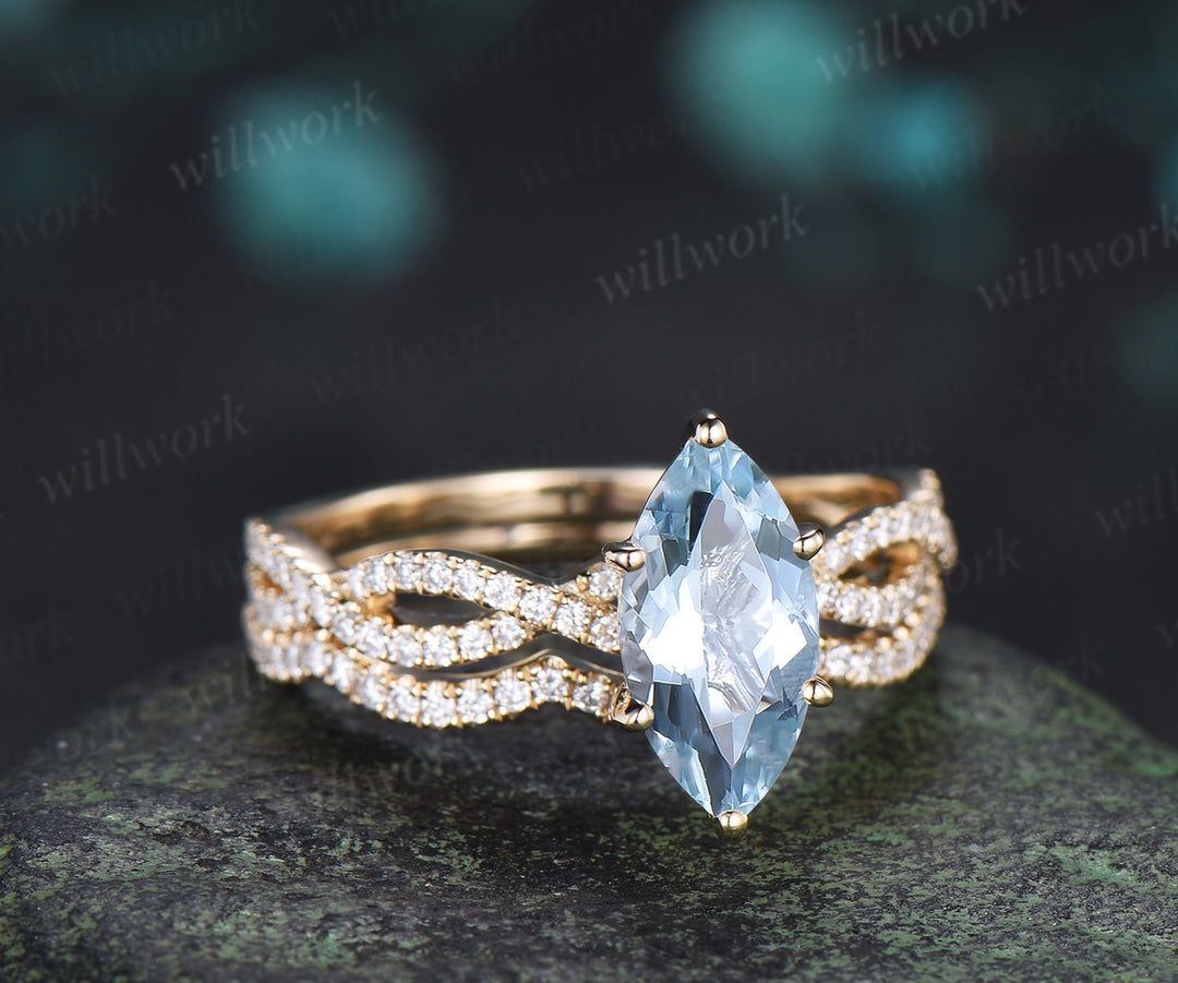 Marquise aquamarine engagement ring set infinity twisted diamond ring wave wedding band March birthstone bridal set