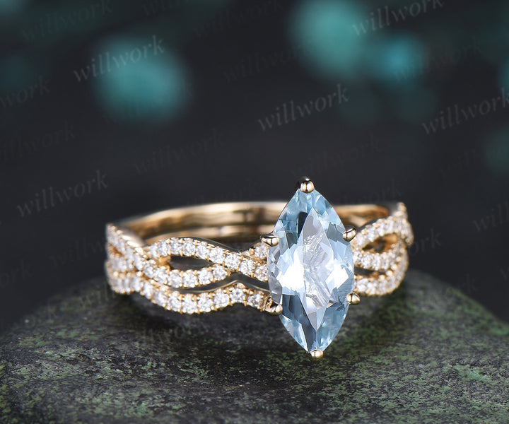 Marquise aquamarine engagement ring set infinity twisted diamond ring wave wedding band March birthstone bridal set