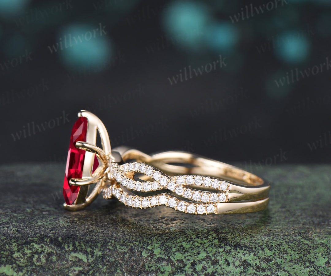 Marquise ruby engagement ring set infinity twisted diamond half eternity ring wave wedding band July birthstone gifts