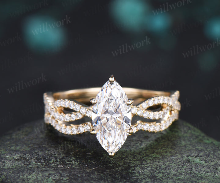 Marquise Lab Grown Diamond Engagement Ring Set Twisted Infinity Band Diamond Promise Ring Wave Wedding Ring Bridal Set