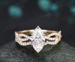 Marquise Lab Grown Diamond Engagement Ring Set Twisted Infinity Band Diamond Promise Ring Wave Wedding Ring Bridal Set