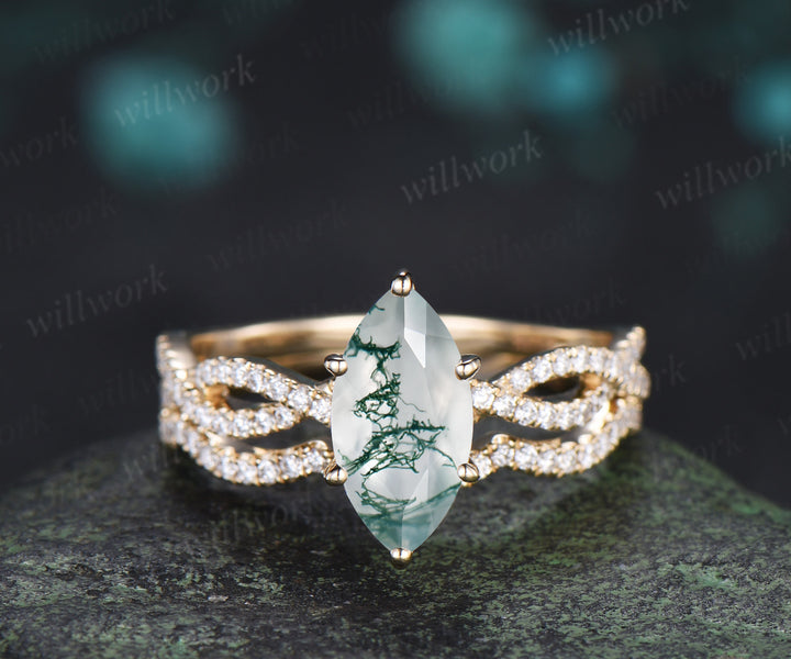 Natural marquise moss agate engagement ring set infinity twisted diamond half eternity ring wave wedding band vintage bridal set