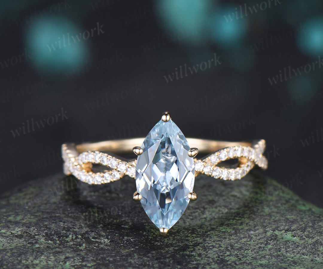 Marquise aquamarine engagement ring set infinity twisted diamond ring wave wedding band March birthstone bridal set