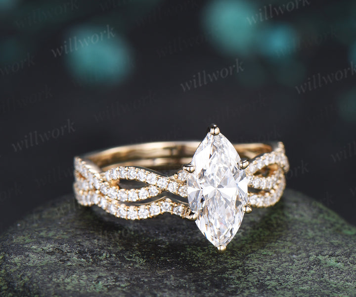 Marquise Lab Grown Diamond Engagement Ring Set Twisted Infinity Band Diamond Promise Ring Wave Wedding Ring Bridal Set