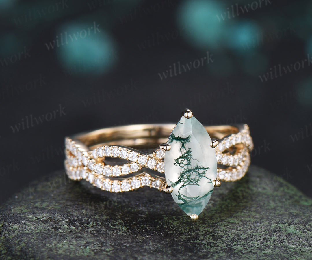 Natural marquise moss agate engagement ring set infinity twisted diamond half eternity ring wave wedding band vintage bridal set