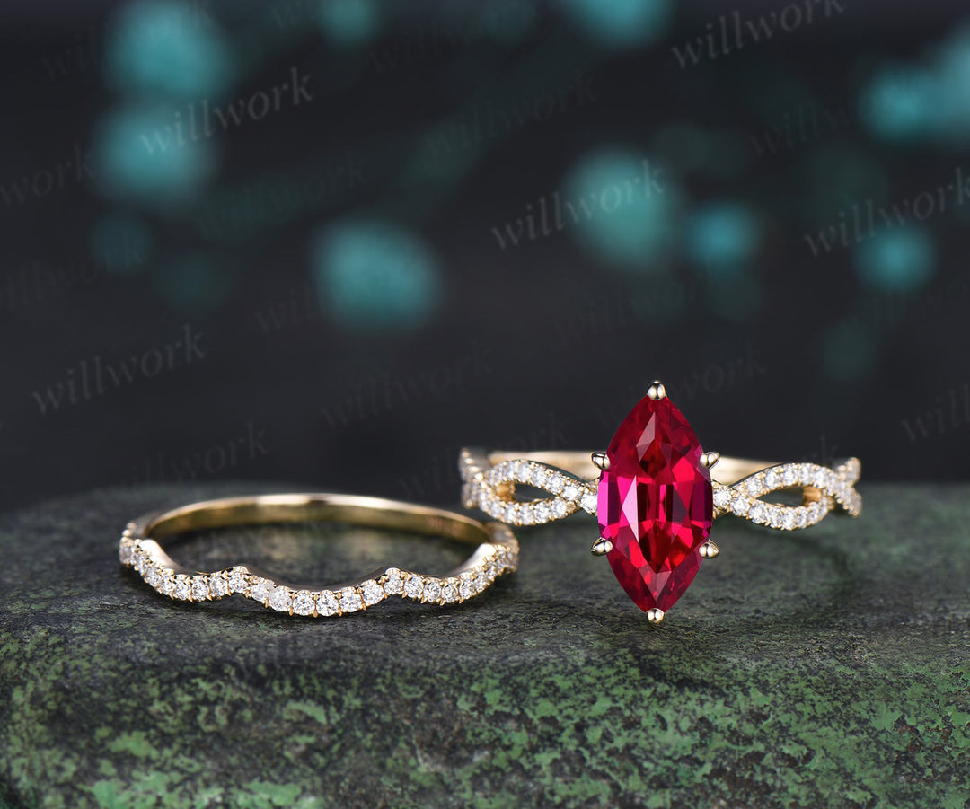Marquise ruby engagement ring set infinity twisted diamond half eternity ring wave wedding band July birthstone gifts