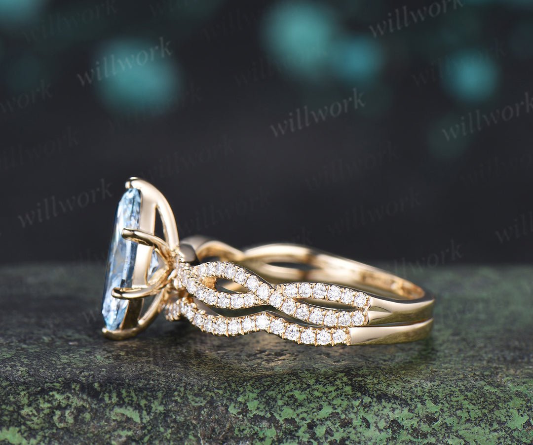 Marquise aquamarine engagement ring set infinity twisted diamond ring wave wedding band March birthstone bridal set