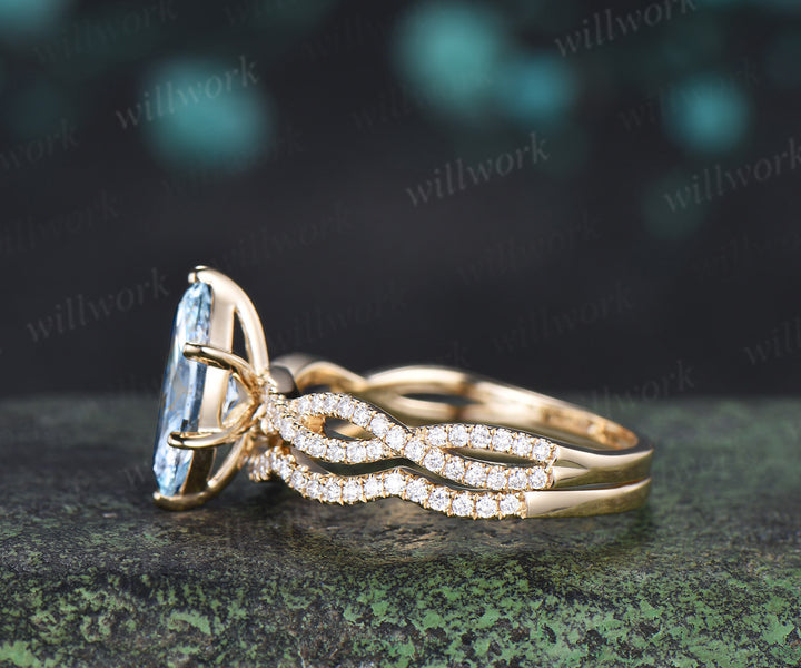 Marquise aquamarine engagement ring set infinity twisted diamond ring wave wedding band March birthstone bridal set