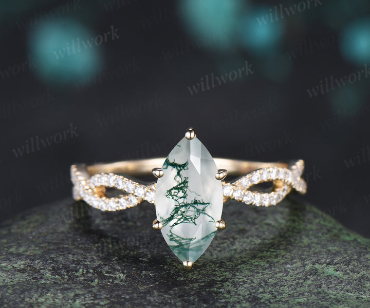 Natural marquise moss agate engagement ring set infinity twisted diamond half eternity ring wave wedding band vintage bridal set
