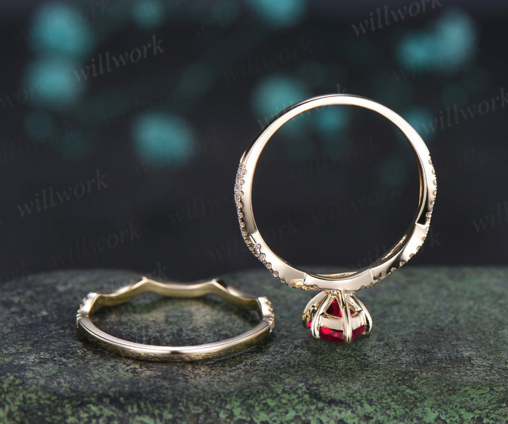 Marquise ruby engagement ring set infinity twisted diamond half eternity ring wave wedding band July birthstone gifts