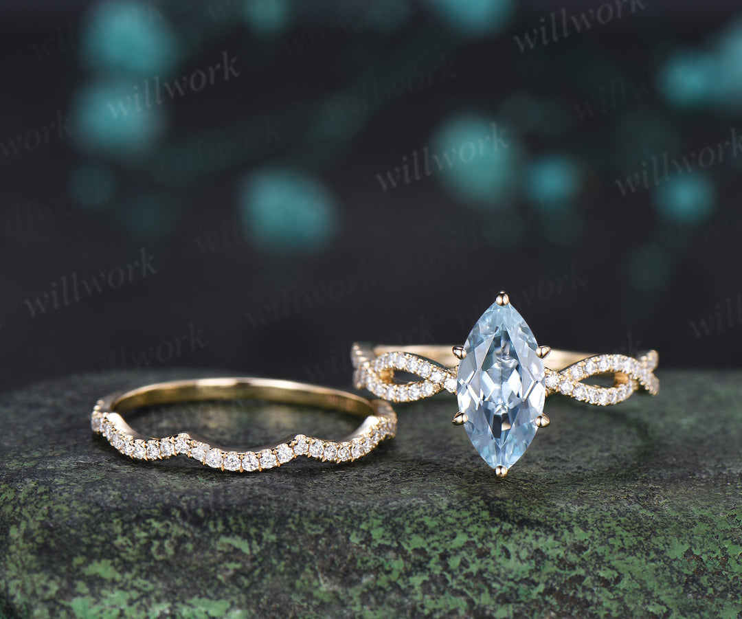 Marquise aquamarine engagement ring set infinity twisted diamond ring wave wedding band March birthstone bridal set