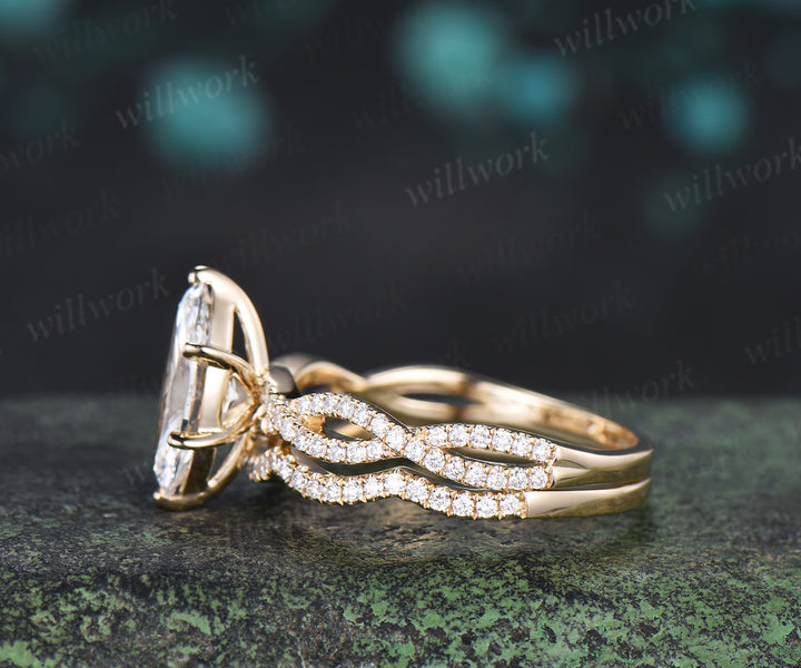 Marquise Lab Grown Diamond Engagement Ring Set Twisted Infinity Band Diamond Promise Ring Wave Wedding Ring Bridal Set
