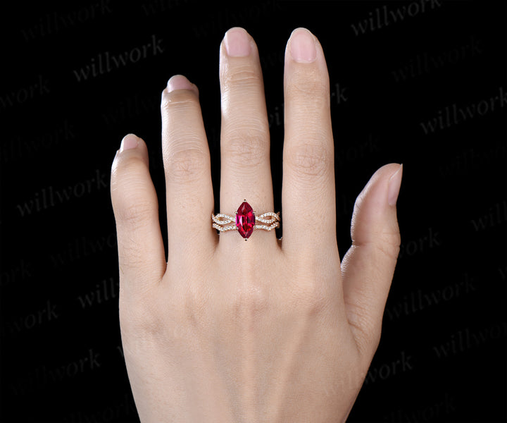 Marquise ruby engagement ring set infinity twisted diamond half eternity ring wave wedding band July birthstone gifts