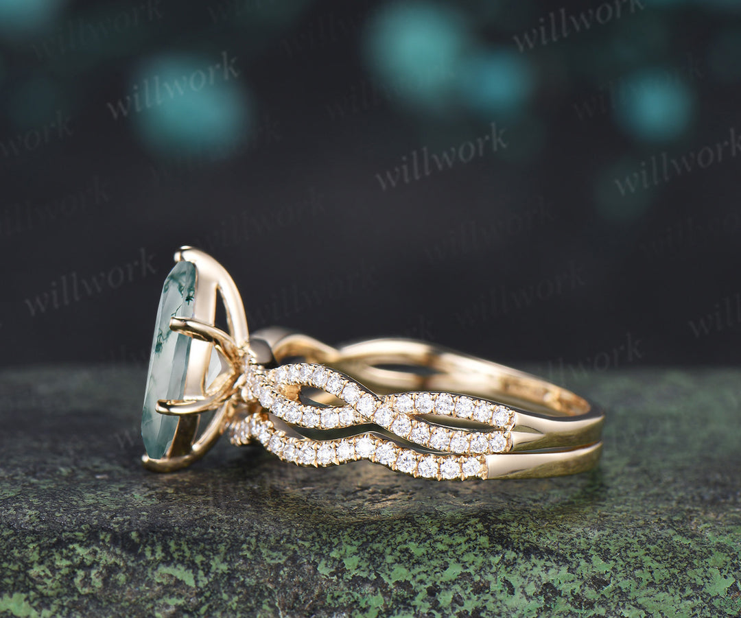 Natural marquise moss agate engagement ring set infinity twisted diamond half eternity ring wave wedding band vintage bridal set