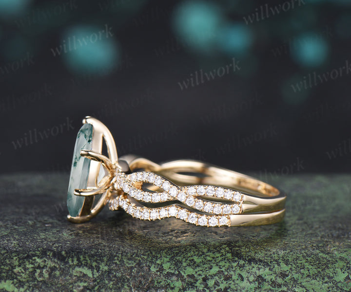Natural marquise moss agate engagement ring set infinity twisted diamond half eternity ring wave wedding band vintage bridal set