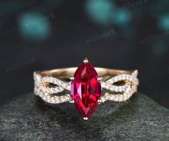 Marquise ruby engagement ring set infinity twisted diamond half eternity ring wave wedding band July birthstone gifts