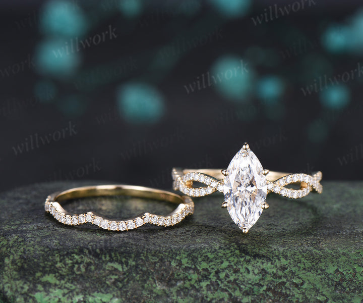 Marquise Lab Grown Diamond Engagement Ring Set Twisted Infinity Band Diamond Promise Ring Wave Wedding Ring Bridal Set