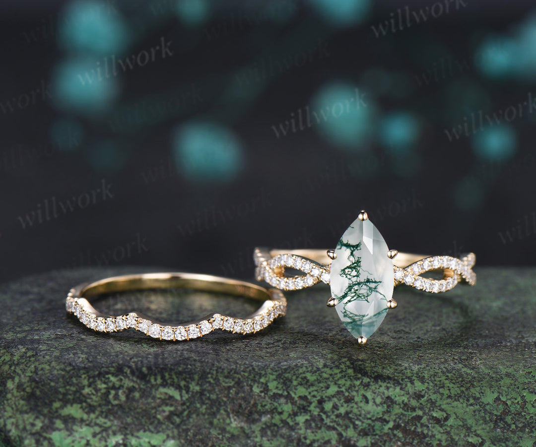 Natural marquise moss agate engagement ring set infinity twisted diamond half eternity ring wave wedding band vintage bridal set