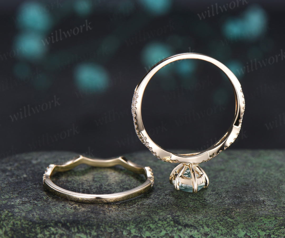 Natural marquise moss agate engagement ring set infinity twisted diamond half eternity ring wave wedding band vintage bridal set