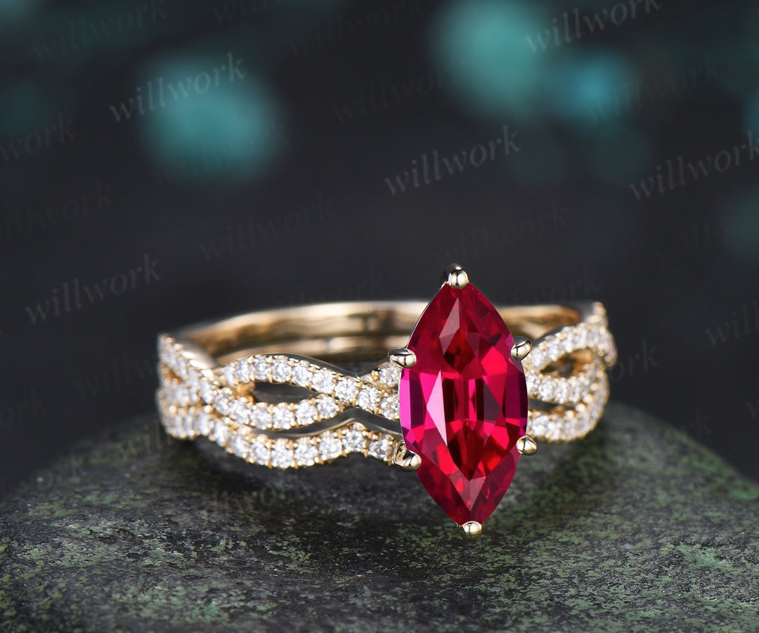 Marquise ruby engagement ring set infinity twisted diamond half eternity ring wave wedding band July birthstone gifts