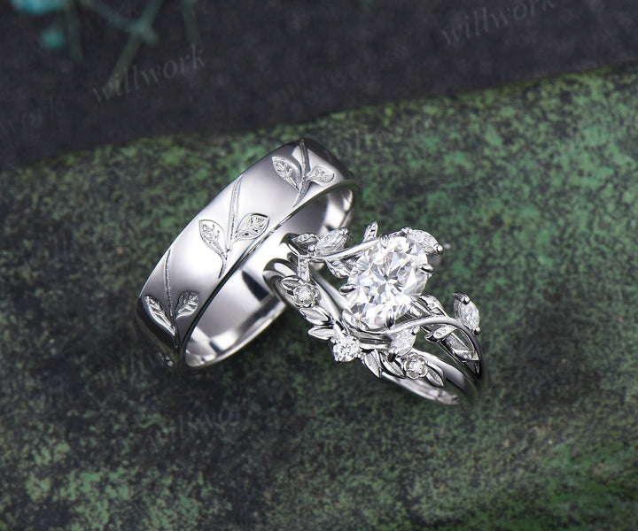 Nature Inspired Oval Cut Moissanite Leaf Floral Ring Set & 5mm Leaf Engraved Full Eternity Men Ring Unique Couple Ring Set