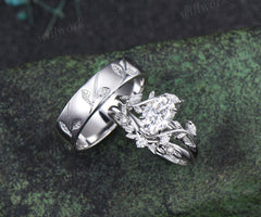 Nature Inspired Oval Cut Moissanite Leaf Floral Ring Set & 5.5mm Leaf Engraved Full Eternity Men Ring Unique Couple Ring Set