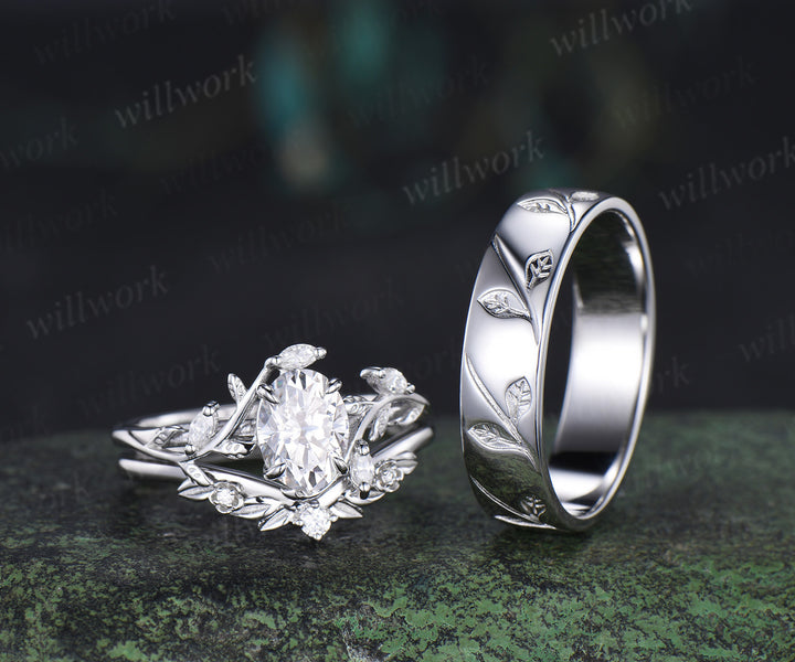 Nature Inspired Oval Cut Moissanite Leaf Floral Ring Set & 5mm Leaf Engraved Full Eternity Men Ring Unique Couple Ring Set