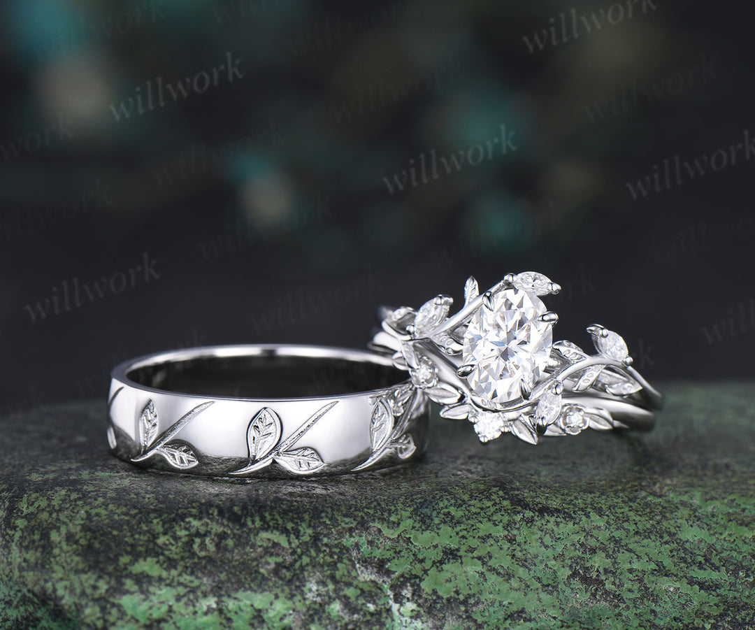 Nature Inspired Oval Cut Moissanite Leaf Floral Ring Set & 5mm Leaf Engraved Full Eternity Men Ring Unique Couple Ring Set