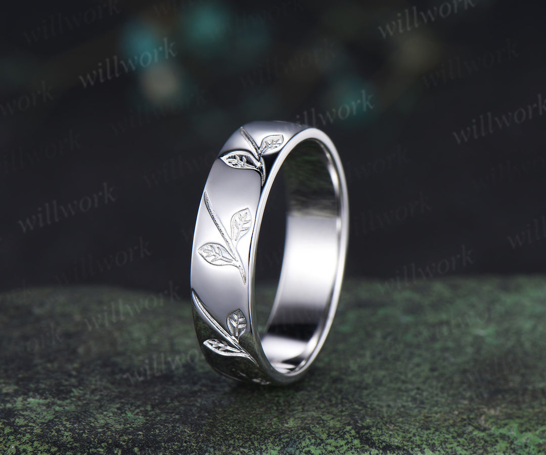 Nature Inspired Oval Cut Moissanite Leaf Floral Ring Set & 5mm Leaf Engraved Full Eternity Men Ring Unique Couple Ring Set