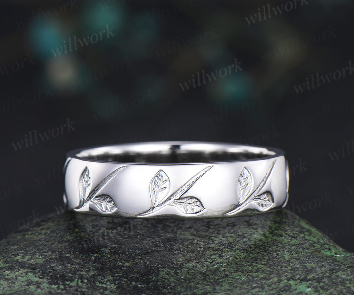Nature Inspired Oval Cut Moissanite Leaf Floral Ring Set & 5mm Leaf Engraved Full Eternity Men Ring Unique Couple Ring Set
