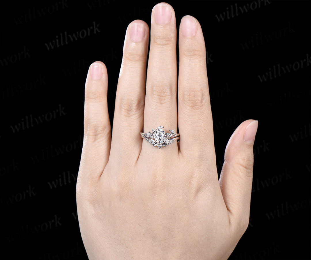 Nature Inspired Oval Cut Moissanite Leaf Floral Ring Set & 5mm Leaf Engraved Full Eternity Men Ring Unique Couple Ring Set