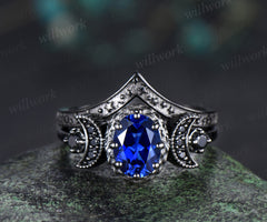 Black gold oval sapphire moon stars engagement ring set crescent black spinel ring curved engraved stars wedding band unique bridal set