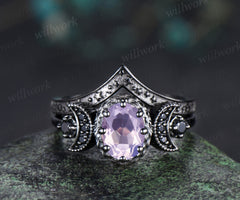 Black gold oval Lavender amethyst engagement ring set moon black spinel ring stars matching wedding band unique bridal set