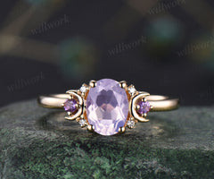Oval lavender amethyst engagement ring retro moon amethyst moissanite deco ring 14k yellow gold unique crescent promise ring gifts for her