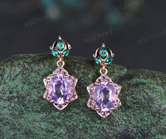 Unique oval lavender amethyst earrings floral halo amethyst art deco marquise emeralds drop earrings solid 14k rose gold piercing earrings gifts for her