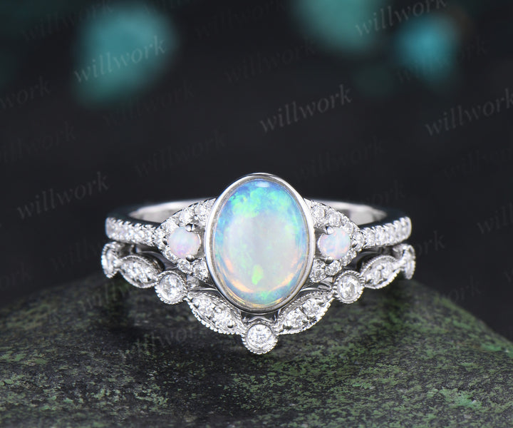 Vintage Australian Opal Engagement Ring Set Bezel Natural Opal Diamond Ring Milgrain Half Eternity Band Unique Bridal Set