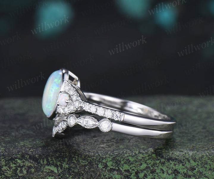 Vintage Australian Opal Engagement Ring Set Bezel Natural Opal Diamond Ring Milgrain Half Eternity Band Unique Bridal Set