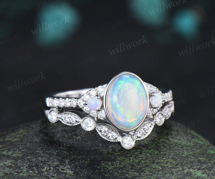 Vintage Australian Opal Engagement Ring Set Bezel Natural Opal Diamond Ring Milgrain Half Eternity Band Unique Bridal Set