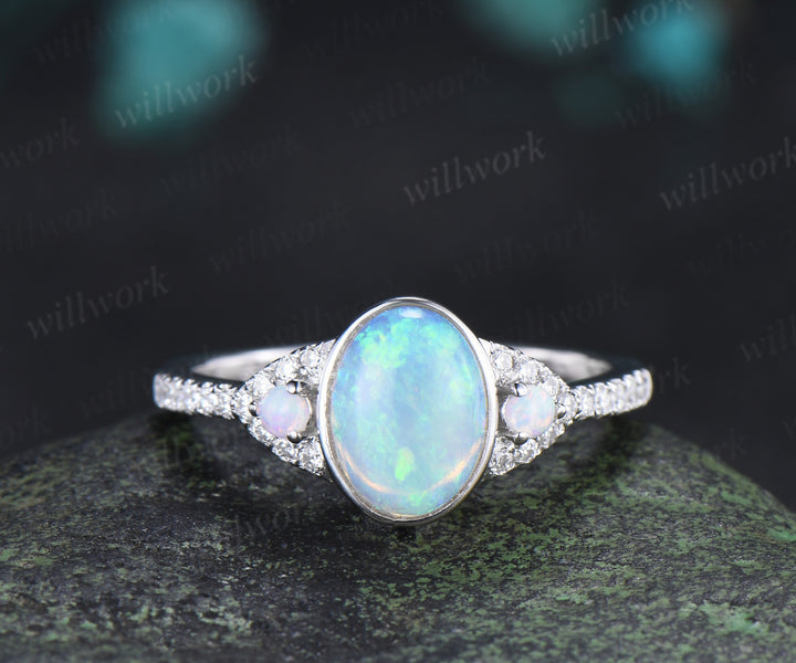 Vintage Australian Opal Engagement Ring Set Bezel Natural Opal Diamond Ring Milgrain Half Eternity Band Unique Bridal Set