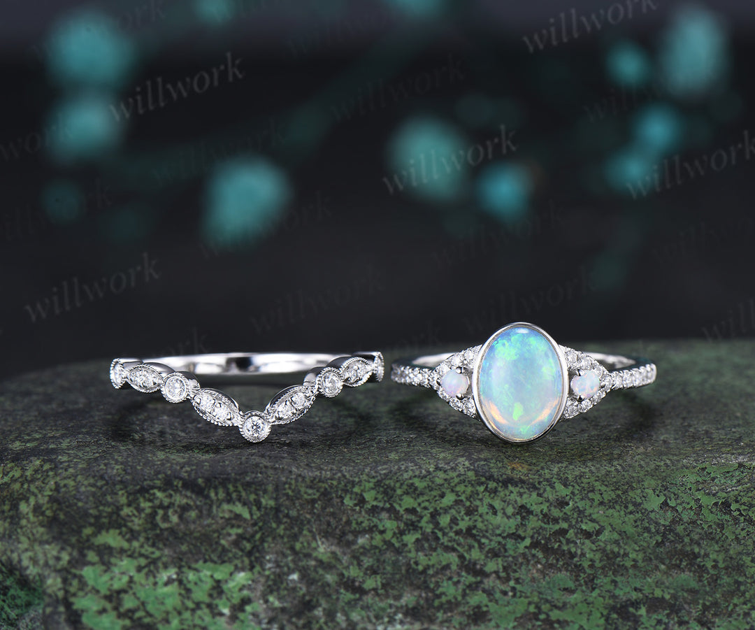 Vintage Australian Opal Engagement Ring Set Bezel Natural Opal Diamond Ring Milgrain Half Eternity Band Unique Bridal Set