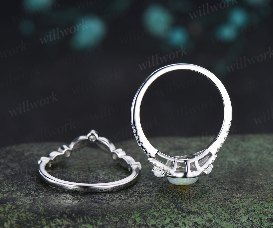 Vintage Australian Opal Engagement Ring Set Bezel Natural Opal Diamond Ring Milgrain Half Eternity Band Unique Bridal Set