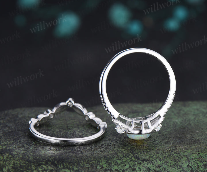 Vintage Australian Opal Engagement Ring Set Bezel Natural Opal Diamond Ring Milgrain Half Eternity Band Unique Bridal Set