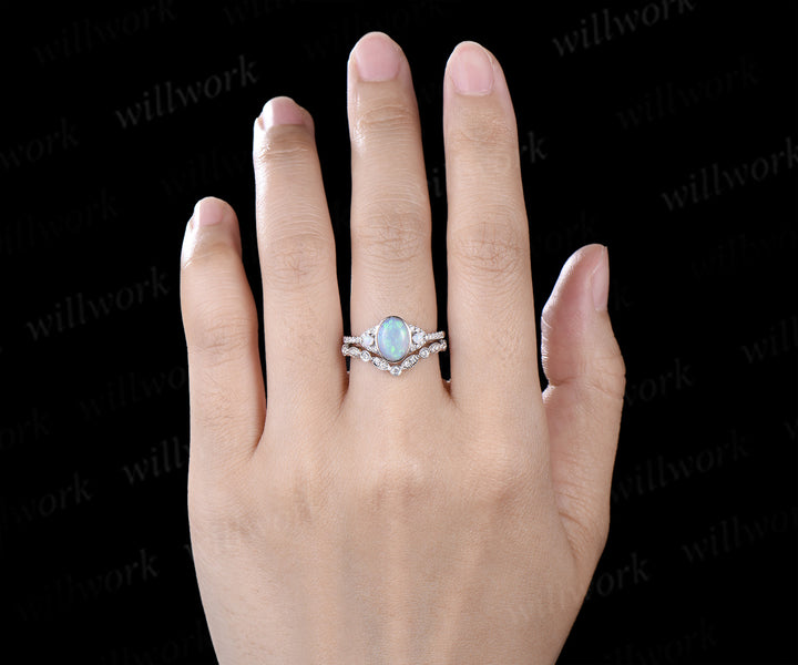 Vintage Australian Opal Engagement Ring Set Bezel Natural Opal Diamond Ring Milgrain Half Eternity Band Unique Bridal Set