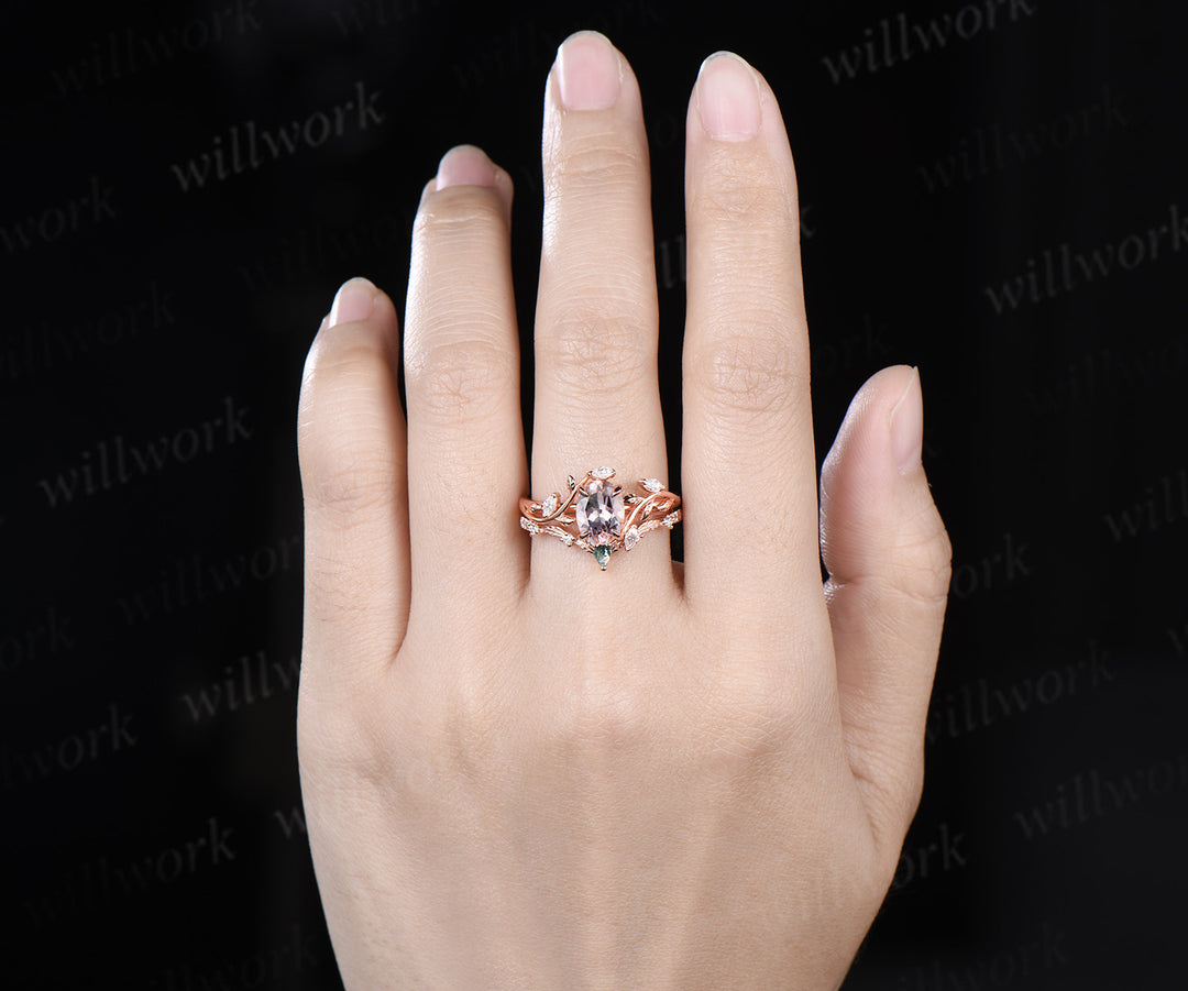 Vintage oval cut morganite engagement ring leaf inspired ring curved moss agate moissanite ring unique bridal set