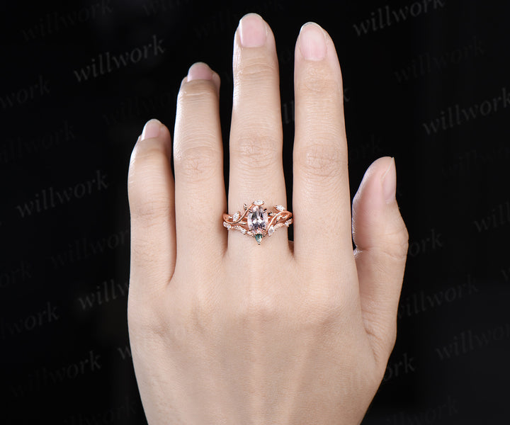 Vintage oval cut morganite engagement ring leaf inspired ring curved moss agate moissanite ring unique bridal set