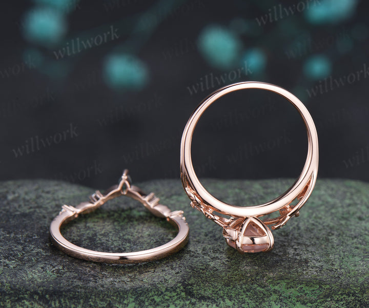 Vintage oval cut morganite engagement ring leaf inspired ring curved moss agate moissanite ring unique bridal set