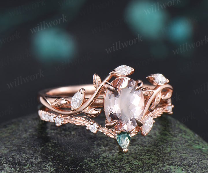 Vintage oval cut morganite engagement ring leaf inspired ring curved moss agate moissanite ring unique bridal set