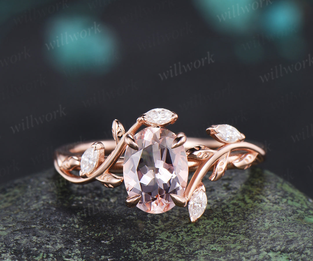 Vintage oval cut morganite engagement ring leaf inspired ring curved moss agate moissanite ring unique bridal set