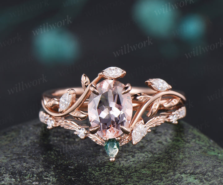 Vintage oval cut morganite engagement ring leaf inspired ring curved moss agate moissanite ring unique bridal set