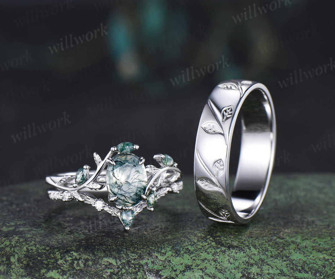 Oval Cut Natural Moss Agate Leaf Floral Ring Set & 5.5mm Leaf Engraved Full Eternity Men Ring Elegant Couple Ring Set